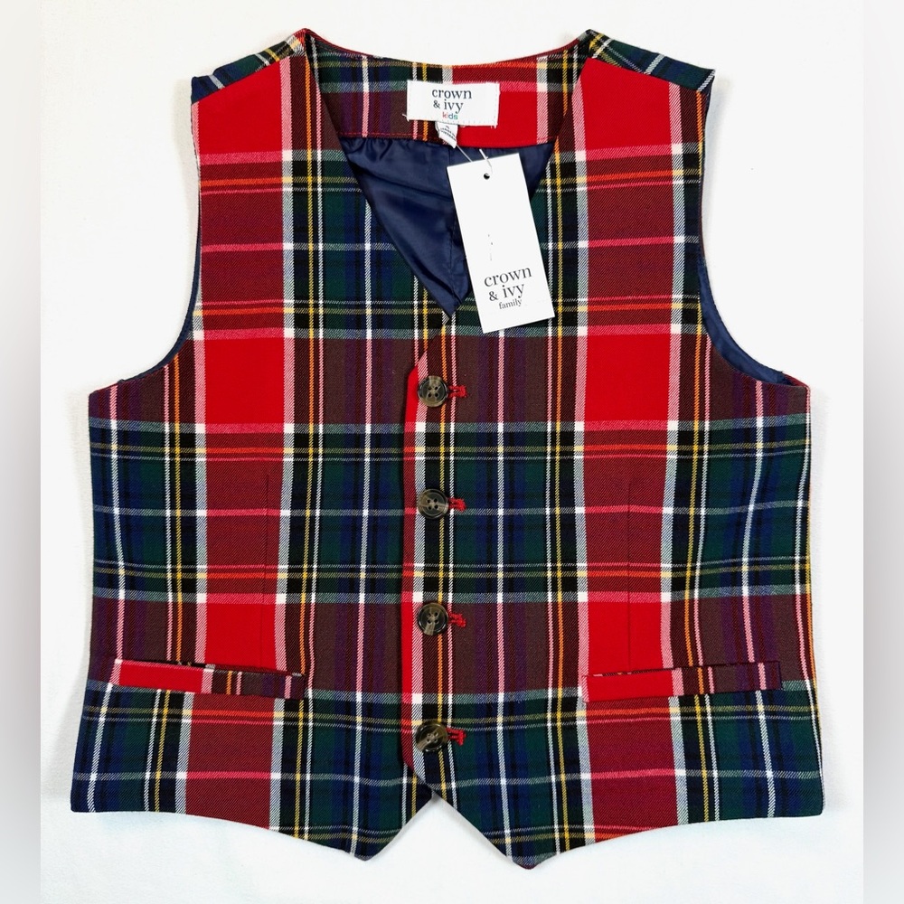 NWT CROWN & IVY Boys Plaid Tartan Dress Vest Holiday Preppy Size 5 NEW